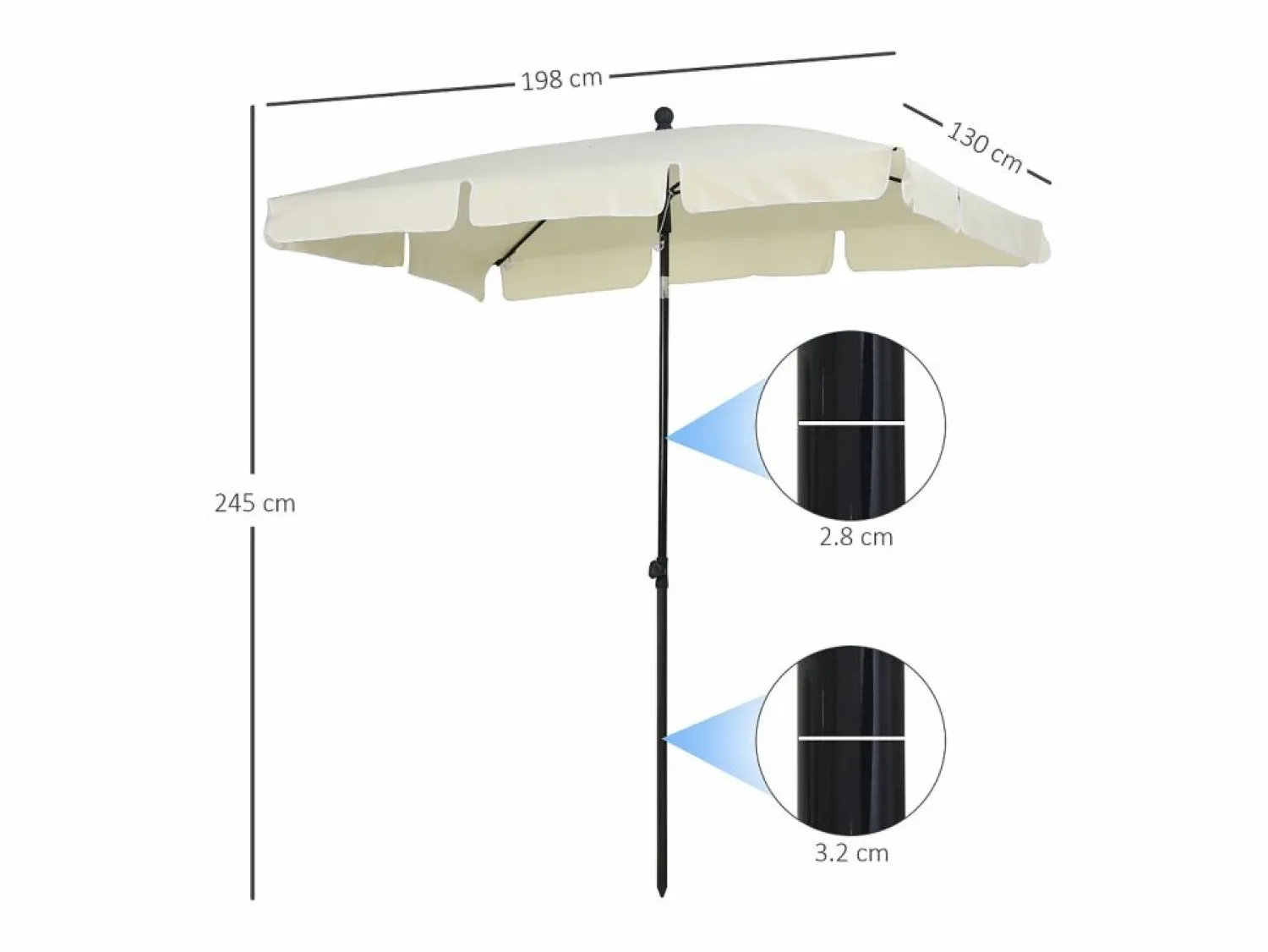 Parasol inclinable, protección UV, aluminio madera, color crema y negro (200x130x245 cm)