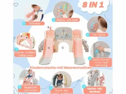Clearance Merax Parque infantil 8 en 1 - 197 x 167 x 98 cm - Fabricado en HDPE - Con túnel arqueado y estructura de escalada - Rosa