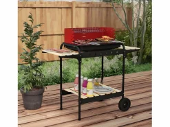 Outlet Parrilla metálica con ruedas, altura regulable, estante de madera, carrito móvil, gris (103 x 47 x 95 cm) Rojo