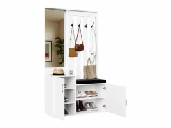 Discount Perchero 6 en 1 con espejo, banco tapizado, zapatero y ganchos, diseño moderno Blanco