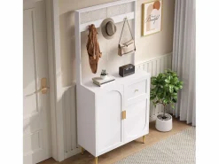 OKWISH Perchero con 2 puertas y 1 cajón de almacenaje, tiradores y patas dorados