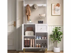 OKWISH Perchero con 2 puertas y 1 cajón de almacenaje, tiradores y patas dorados