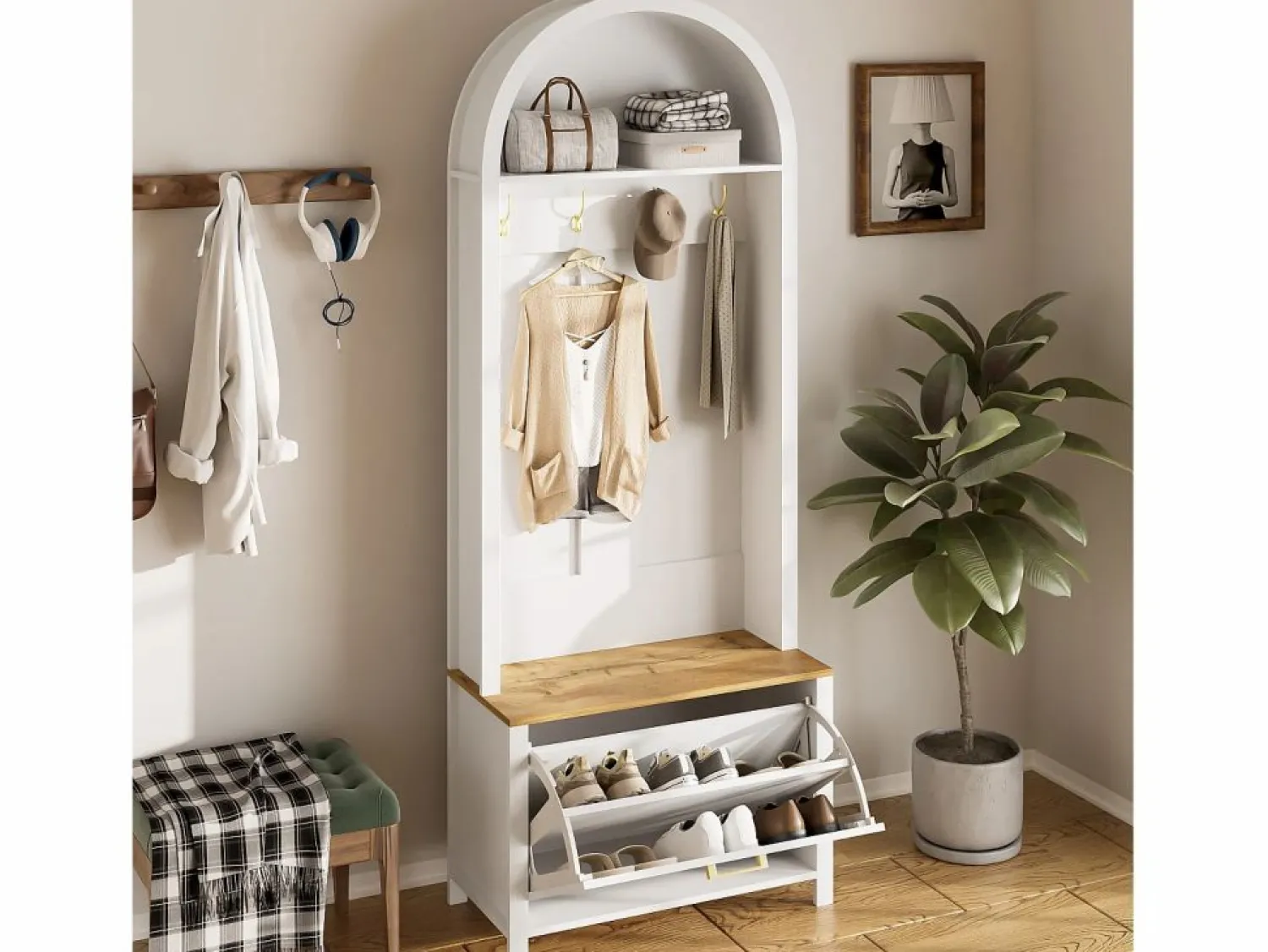 Online OKWISH Perchero con zapatero, estantes y ganchos - para recibidores y salones Blanco
