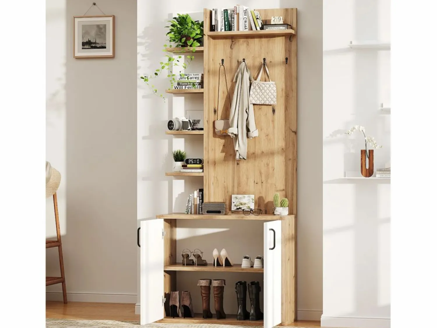 Outlet Perchero blanco y natural con ganchos y estantes de almacenamiento, 2 puertas – Para recibidores y pasillos Armario De Entrada