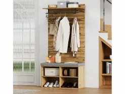 Perchero con banco zapatero, balda regulable y gancho, diseño compacto en tablero de partículas, color roble (84x32x175cm)