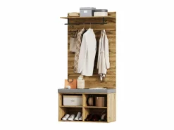 Perchero con banco zapatero, balda regulable y gancho, diseño compacto en tablero de partículas, color roble (84x32x175cm)