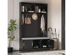 Online Perchero con banco zapatero, 6 ganchos triples, independiente, diseño moderno, aglomerado, (120x40x191 cm) Negro