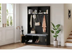 Online Perchero con banco zapatero, 6 ganchos triples, independiente, diseño moderno, aglomerado, (120x40x191 cm) Negro