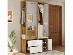 Online OKWISH Perchero con espejo, banco zapatero y barra retráctil para ropa - y natural Blanco