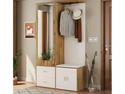 Online OKWISH Perchero con espejo, banco zapatero y barra retráctil para ropa - y natural Blanco