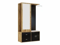 Clearance OKWISH Perchero con espejo, banco zapatero y barra retráctil para ropa - y natural Negro