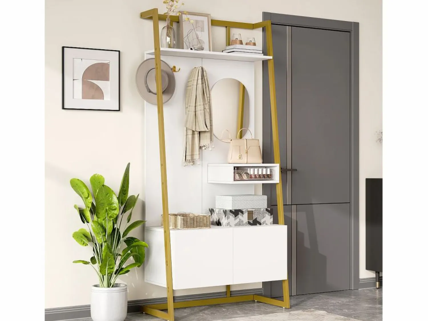 OKWISH Perchero con zapatero de dos puertas, ganchos metálicos y espejo - y dorado