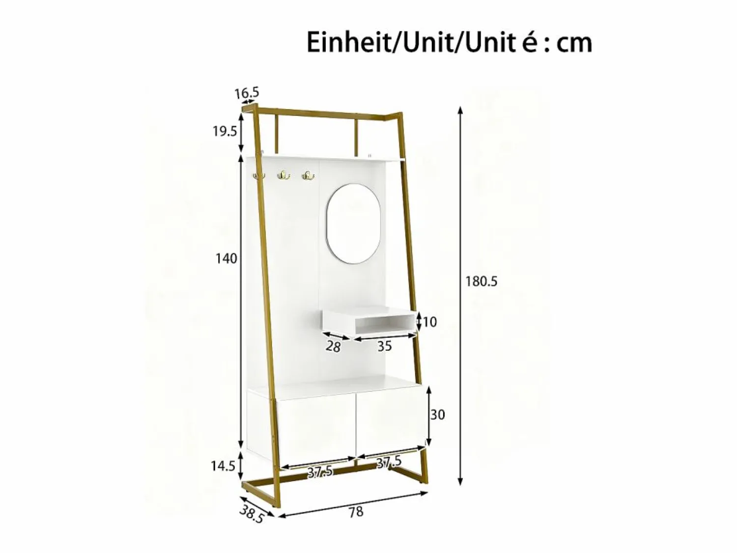 OKWISH Perchero con zapatero de dos puertas, ganchos metálicos y espejo - y dorado
