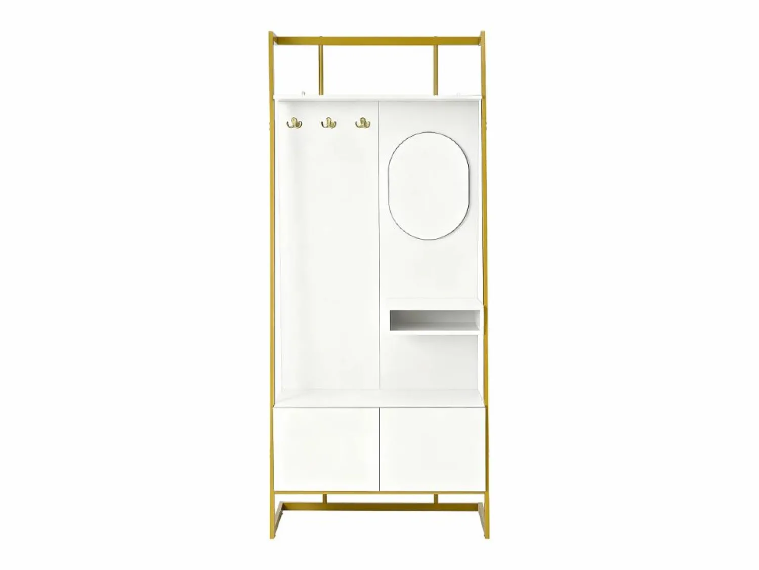 OKWISH Perchero con zapatero de dos puertas, ganchos metálicos y espejo - y dorado
