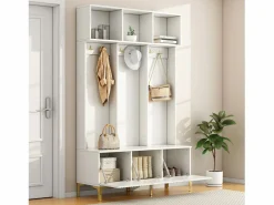 Discount OKWISH Perchero de entrada con zapatero, ganchos dorados y espacio abierto, Blanco