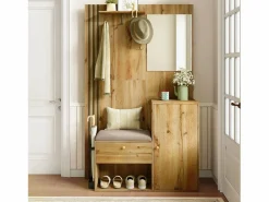 Hot OKWISH Perchero de madera con banco para zapatos, espejo y paragüero - para pasillos y entradas Color natural claro