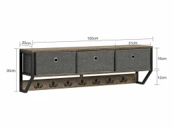 Sobuy Perchero de Pared para Pasillo, Guardarropa, Estante de Pared con 3 Cestas y 7 Ganchos Dobles Estilo iIndustrial 100 x 20 x 30 cm FHK26-N ES