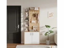 Outlet Perchero de pasillo con almacenaje y estantes integrados, madera natural y blanco (75x33x180cm) Marru00f3n