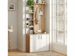 Outlet Perchero de pasillo con almacenaje y estantes integrados, madera natural y blanco (75x33x180cm) Marru00f3n
