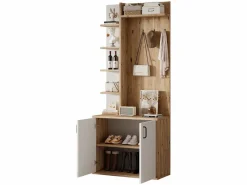 Outlet Perchero de pasillo con almacenaje y estantes integrados, madera natural y blanco (75x33x180cm) Marru00f3n