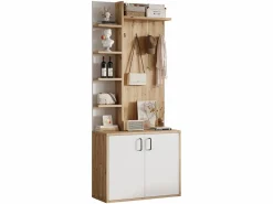 Outlet Perchero de pasillo con almacenaje y estantes integrados, madera natural y blanco (75x33x180cm) Marru00f3n