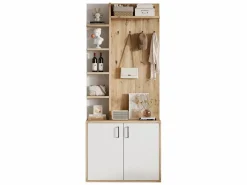 Outlet Perchero de pasillo con almacenaje y estantes integrados, madera natural y blanco (75x33x180cm) Marru00f3n