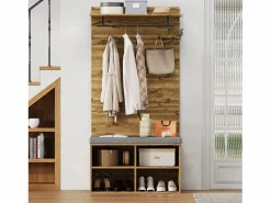 OKWISH Perchero de pasillo con banco para zapatos y barra para ropa, estantes ajustables - Natural