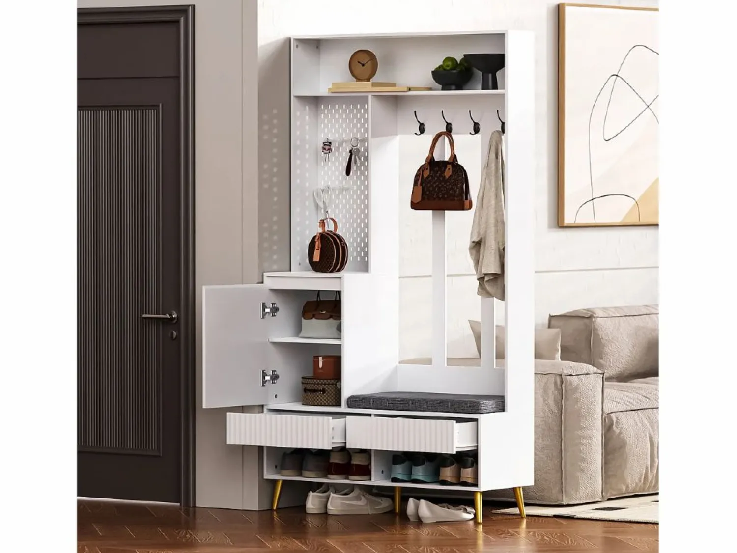 Sale OKWISH Perchero de pasillo con banco tapizado, 4 ganchos, 2 cajones - - 100x35x180 cm Blanco