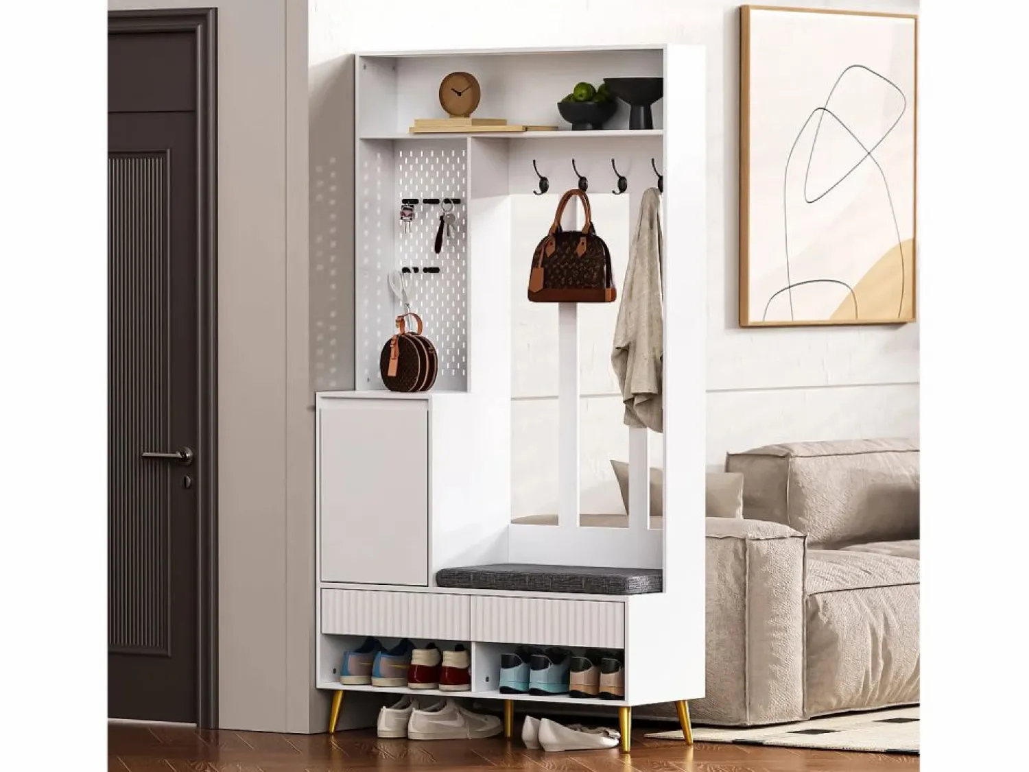 Sale OKWISH Perchero de pasillo con banco tapizado, 4 ganchos, 2 cajones - - 100x35x180 cm Blanco