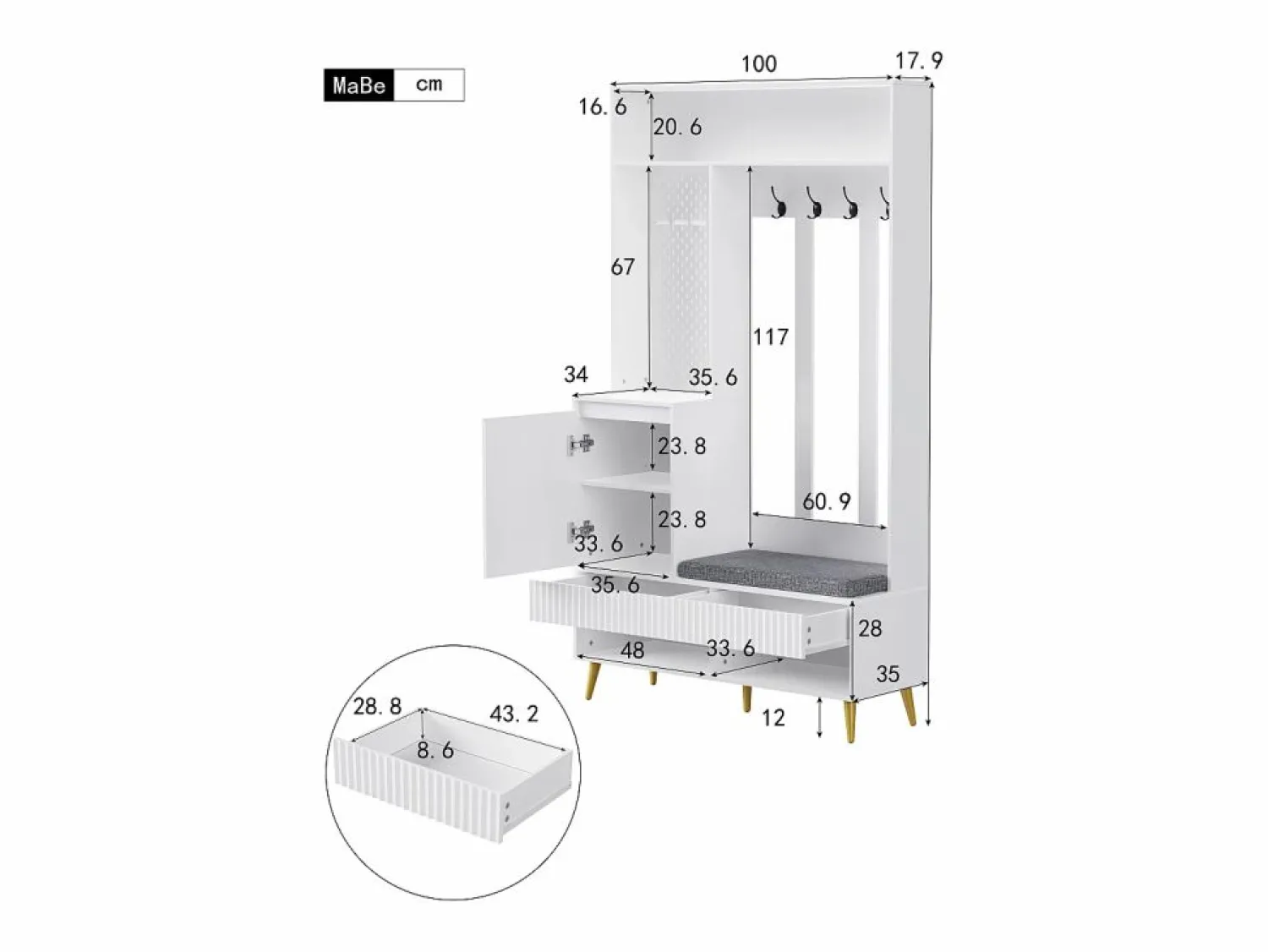Sale OKWISH Perchero de pasillo con banco tapizado, 4 ganchos, 2 cajones - - 100x35x180 cm Blanco