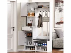 OKWISH Perchero de pasillo con banco tapizado, 4 ganchos, cajones y puertas - - 100x35x180 cm