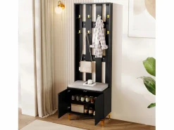 OKWISH Perchero con banco para zapatos - Puertas onduladas, ganchos dorados y estantes ajustables - Muebles modernos para recibidor