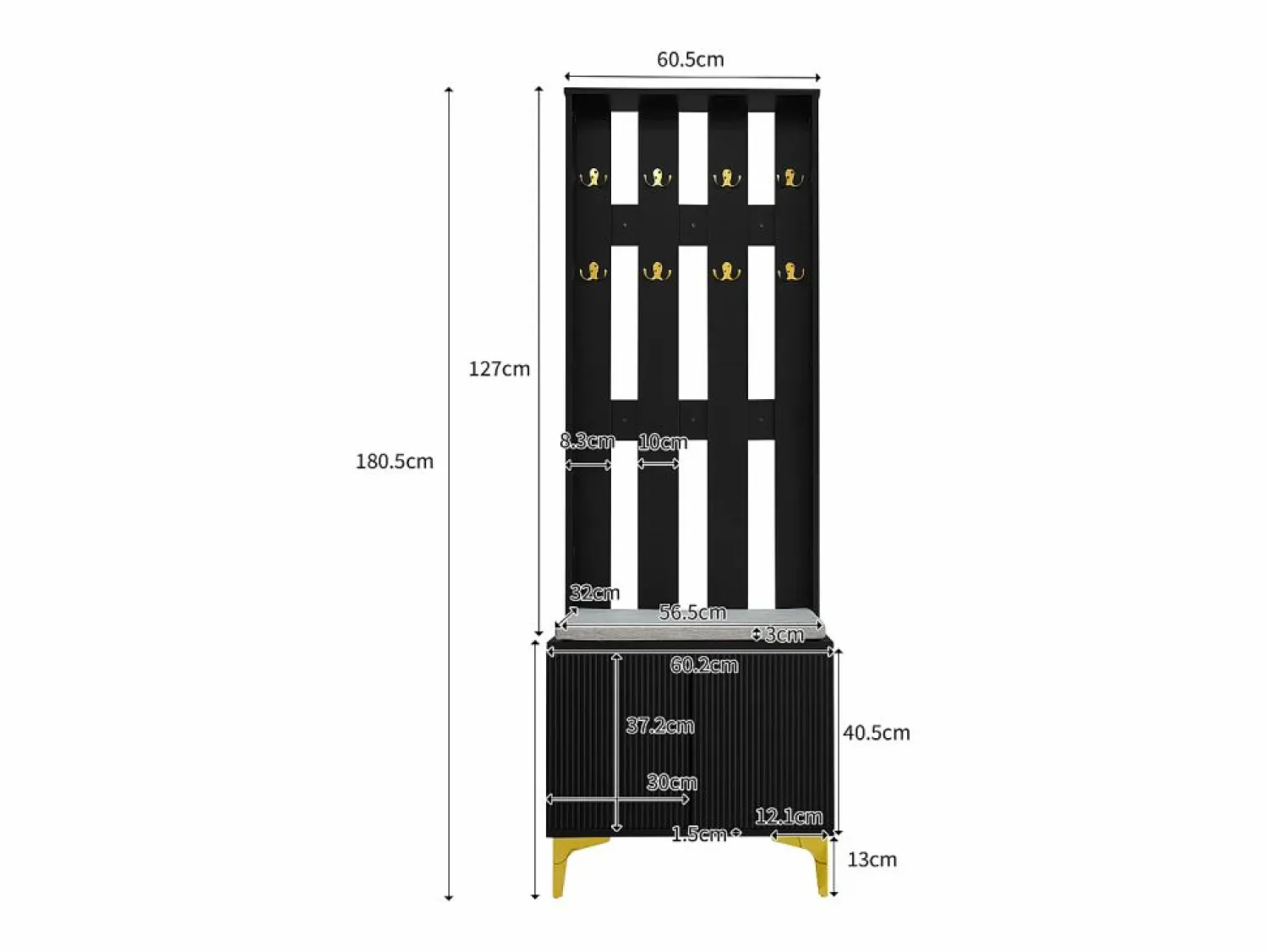 OKWISH Perchero con banco para zapatos - Puertas onduladas, ganchos dorados y estantes ajustables - Muebles modernos para recibidor