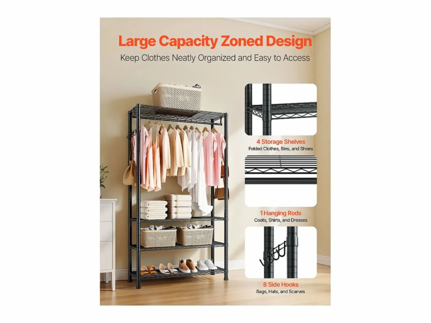 Sale Perchero para Ropa SucceBuy con 4 Estantes Ajustables, Perchero de Acero al Carbono, Armario para Ropa Capacidad de Carga 227 kg, con 1 Barra Negro