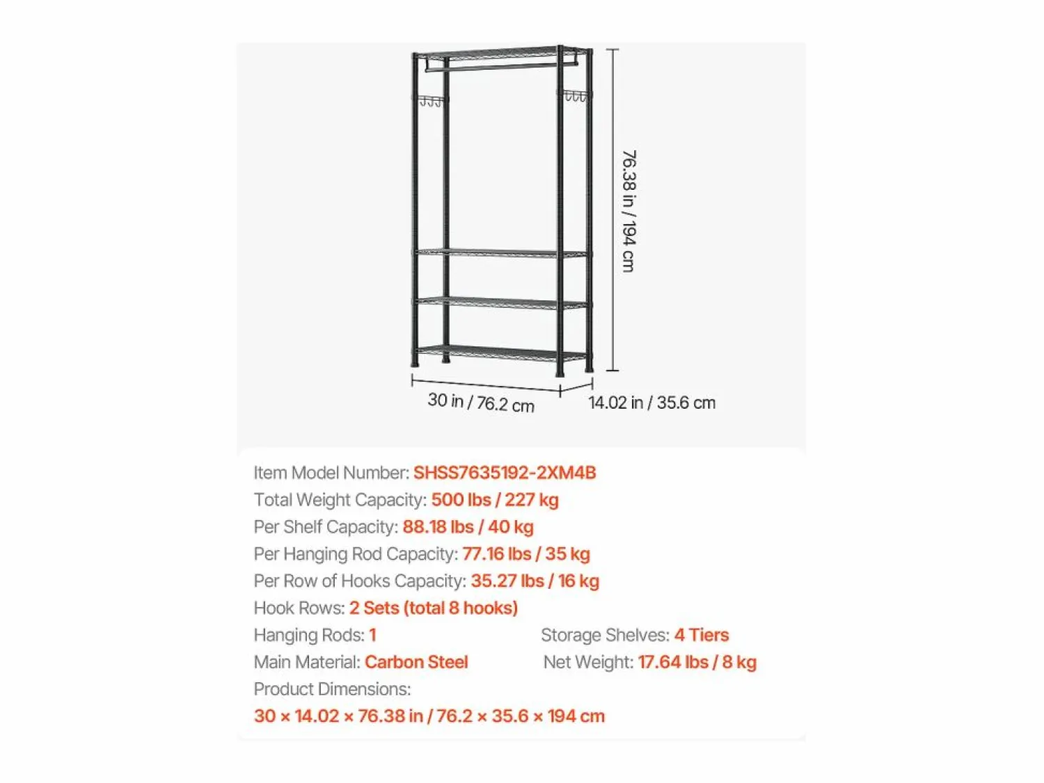 Sale Perchero para Ropa SucceBuy con 4 Estantes Ajustables, Perchero de Acero al Carbono, Armario para Ropa Capacidad de Carga 227 kg, con 1 Barra Negro