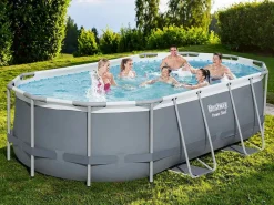 Bestway Piscina Desmontable Tubular Power Steel Oval 427x250x100 cm con Depuradora Cartucho 2.006 L/H Gris