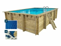 Habitat et jardin Piscina rectangular de madera "Panama 130" - 6,20 x 4,10 x 1,45 m + cubierta de burbujas de 180 µ - cubierta de invierno de 280 g/m² +