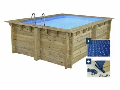 Habitat et jardin Piscina rectangular de madera "Zanzibar" - 3,50 x 2,30 x 1,24 m - cubierta de burbujas de 180 µ - cubierta de invierno de 280 g/m².