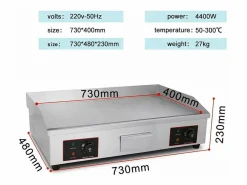 Online DripeX Placa de parrilla eléctrica de 4400W, con bandeja de recolección de aceite, 2 zonas, 300 ° C, 73x48x23cm Plateado