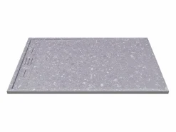 Clearance Shower & Design Plato de ducha a ras de suelo cortable en resina SMC - Efecto terrazzo - 140 x 90 cm - LYROSA Gris / Blanco