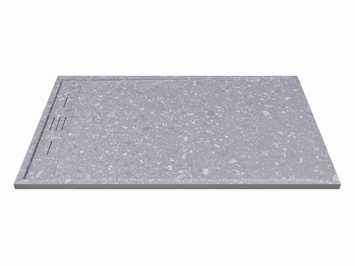 Clearance Shower & Design Plato de ducha a ras de suelo cortable en resina SMC - Efecto terrazzo - 140 x 90 cm - LYROSA Gris / Blanco