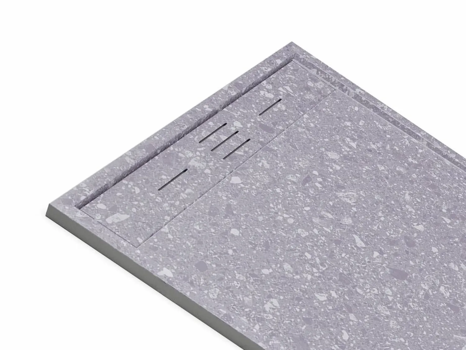 Clearance Shower & Design Plato de ducha a ras de suelo cortable en resina SMC - Efecto terrazzo - 140 x 90 cm - LYROSA Gris / Blanco