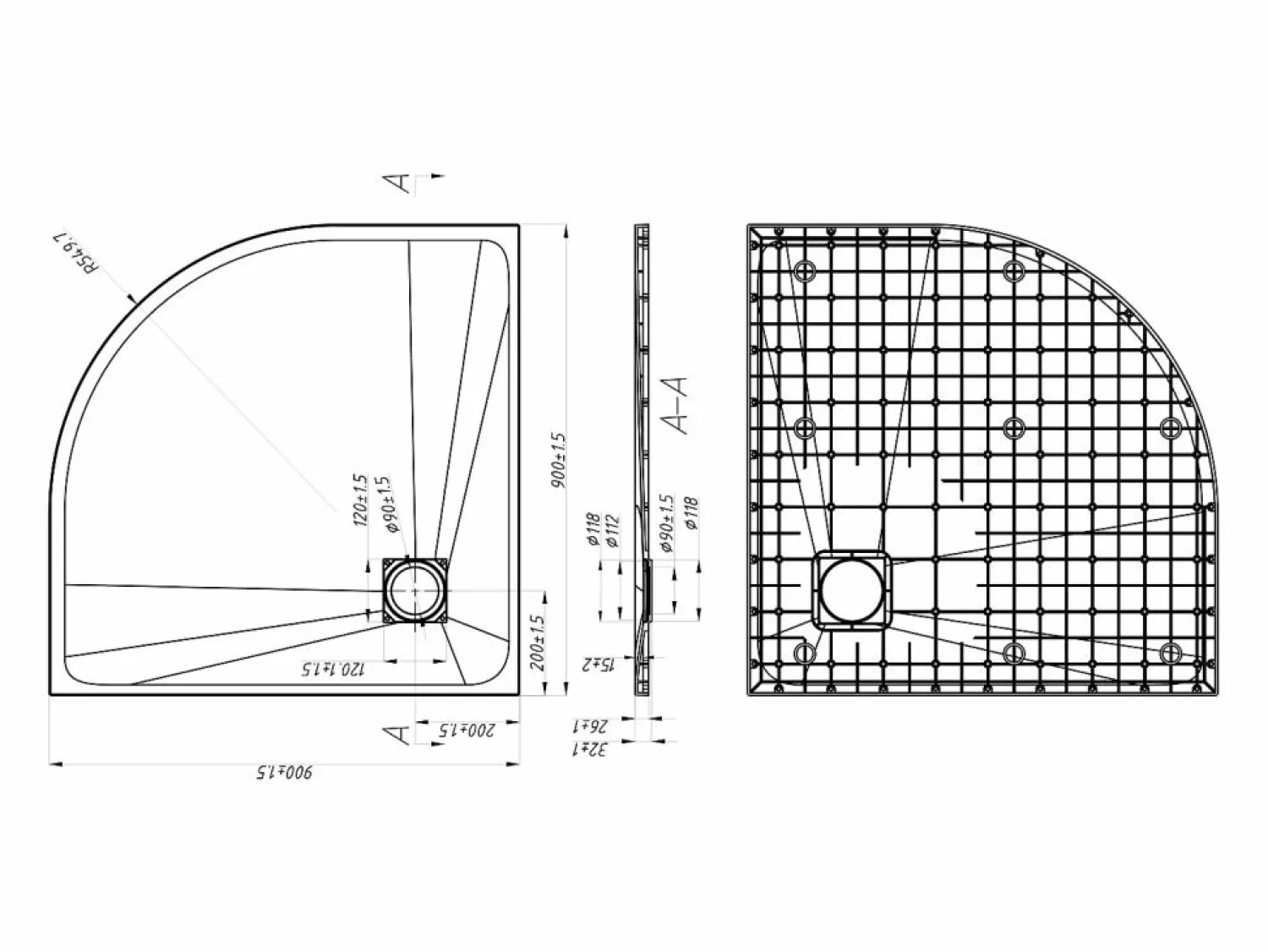 Sale Plato de ducha extraplano para sobreponer o encastrar recortable de resina SMC en cuarto círculo con sifón - - 90 x 90 cm - SYFORSA Plato De Ducha