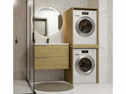 Outlet POLA TWIN - Armario de baño para lavadora y secadora con columna de estantes - Roble Mueble Para Lavadora