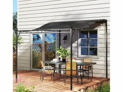 Pérgola adosada con techo impermeable, estructura metálica, color oscuro (248x298x250 cm)