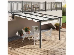 Clearance Pérgola adosada con techo retráctil, estructura de aluminio, color crema (297x297x230cm) Blanco