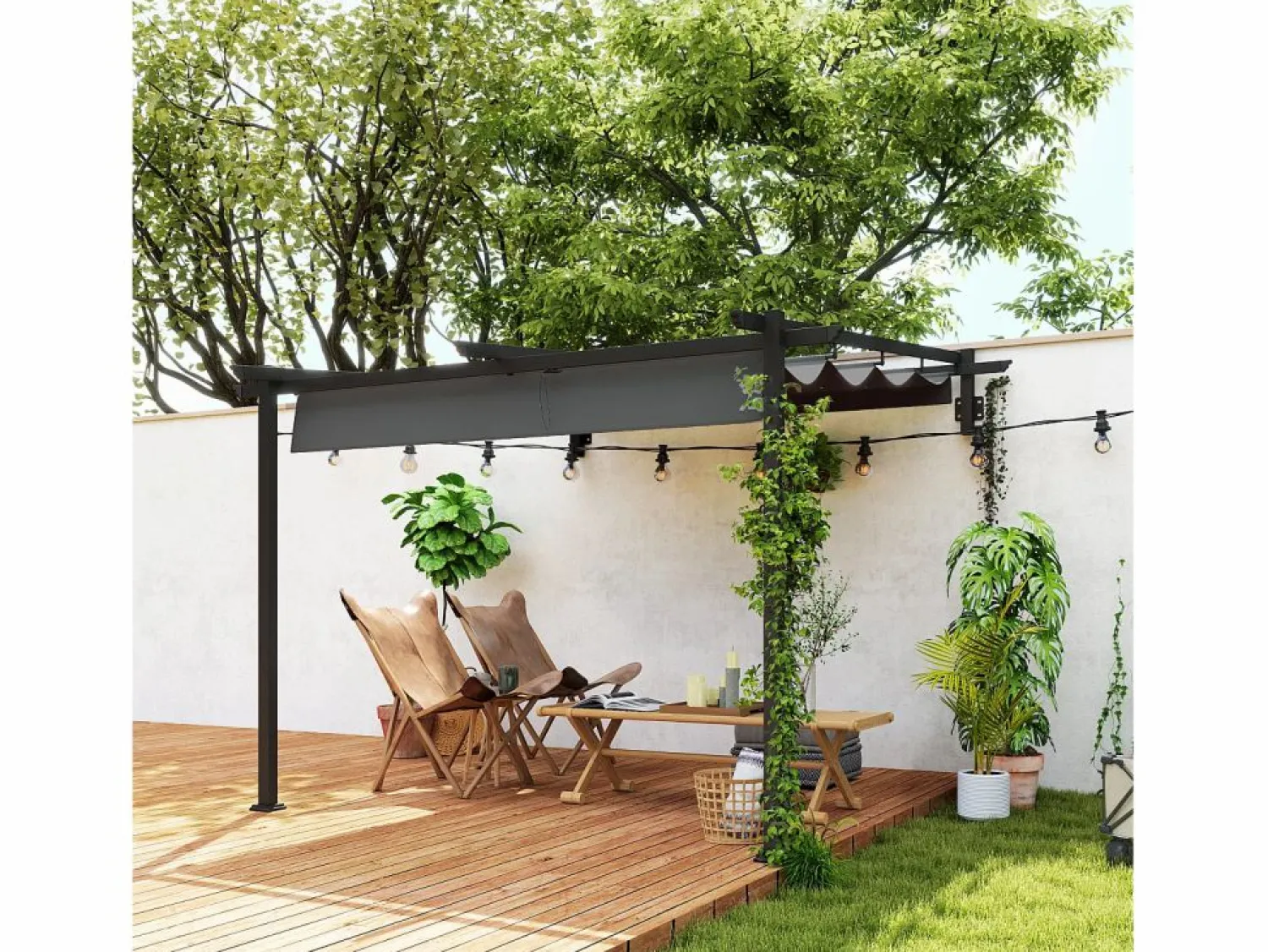 Pérgola adosada con techo retráctil, estructura de acero y poliéster, color oscuro (297x297x230cm)
