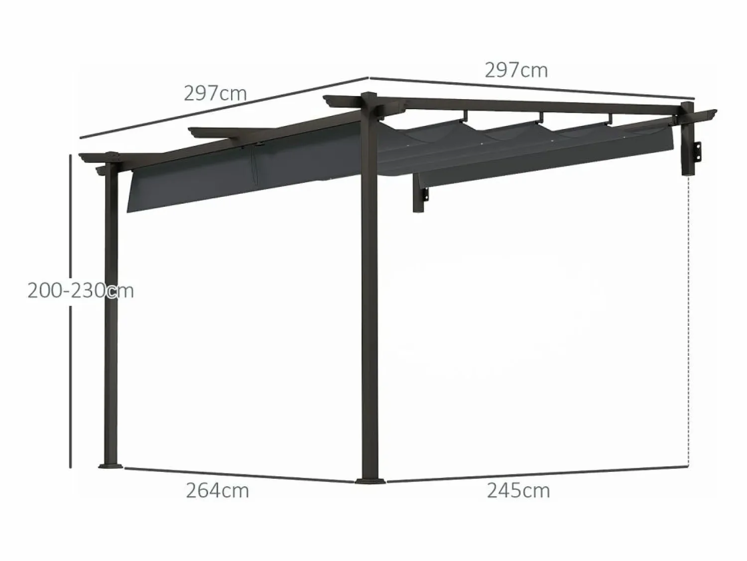 Pérgola adosada con techo retráctil, estructura de acero y poliéster, color oscuro (297x297x230cm)
