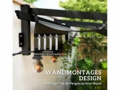 Pérgola adosada con techo retráctil, estructura de acero y poliéster, color oscuro (297x297x230cm)