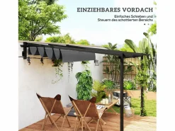 Pérgola adosada con techo retráctil, estructura de acero y poliéster, color oscuro (297x297x230cm)